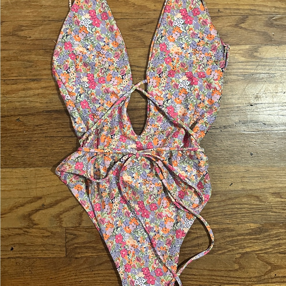 Skatie Floral Halter One-Piece Swimsuit in Pink, Orange, Purple